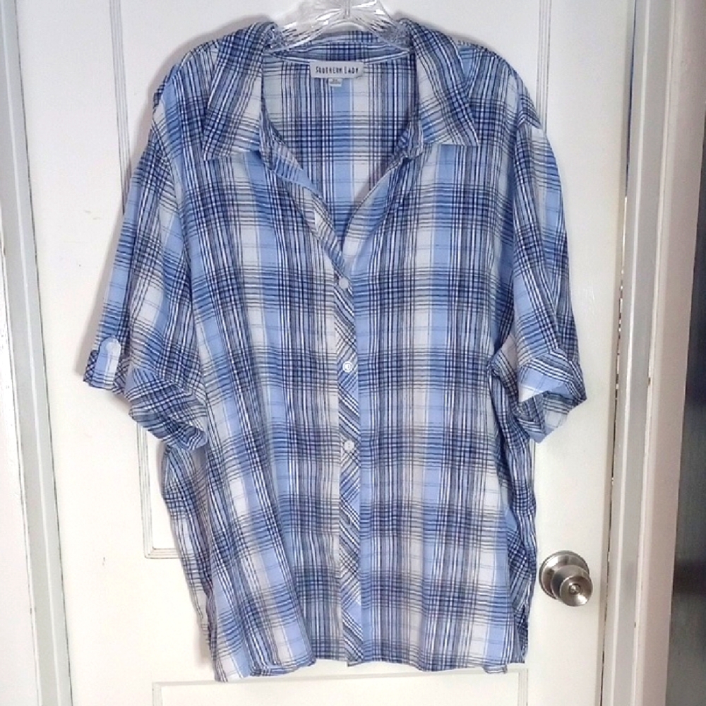 Southern Lady Blue and White Plaid Top
